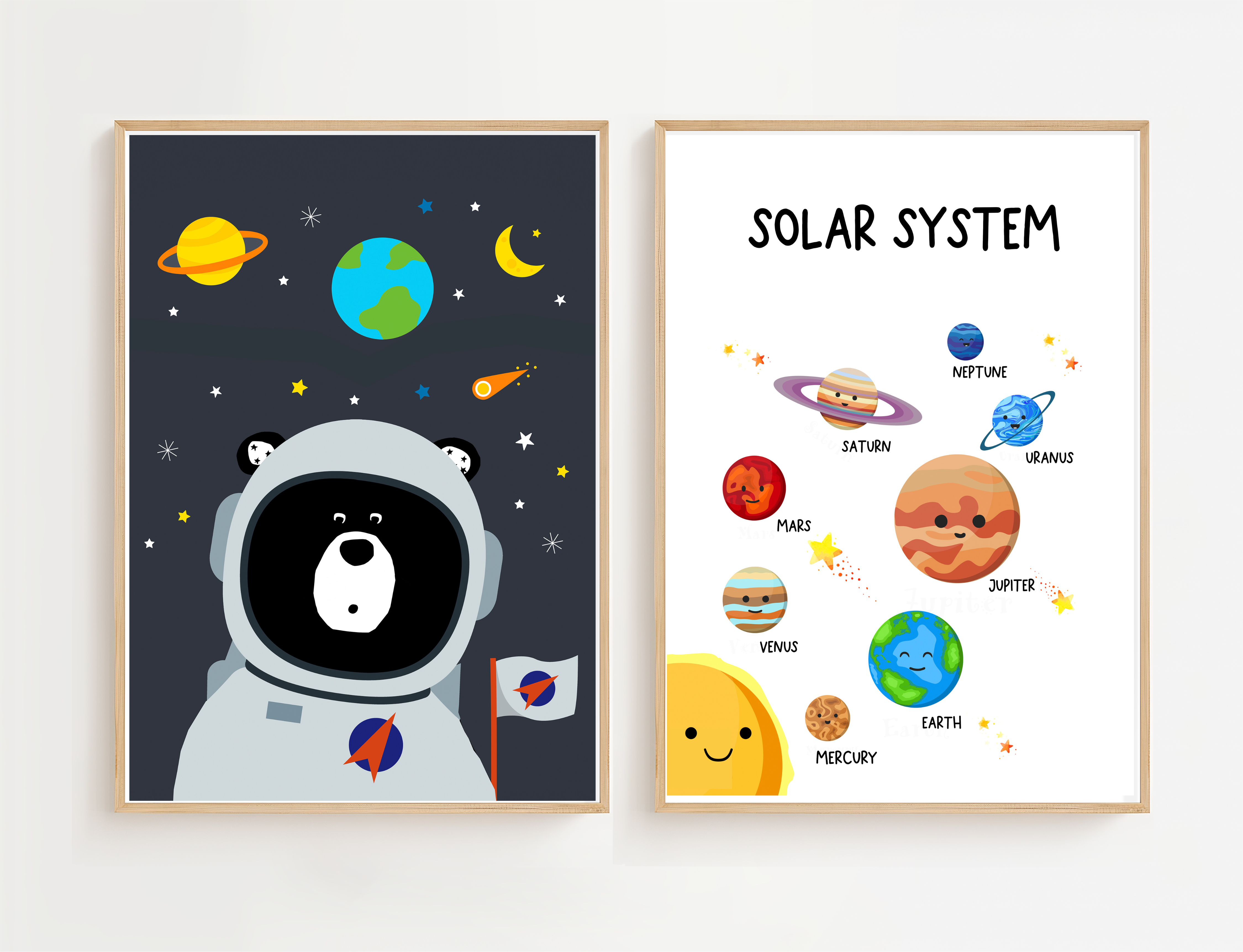 Astronaut Bear, Solar System Prints-Set of 2