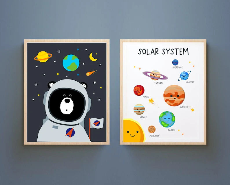 Astronaut Bear, Solar System Prints-Set of 2